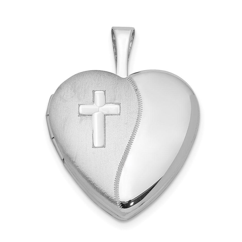 Sterling Silver 16mm Polished and Satin Heart w/ Cross Locket