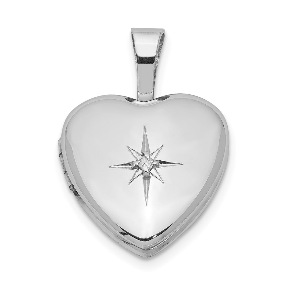 12mm Diamond Star Design Heart Shaped Locket in Sterling Silver