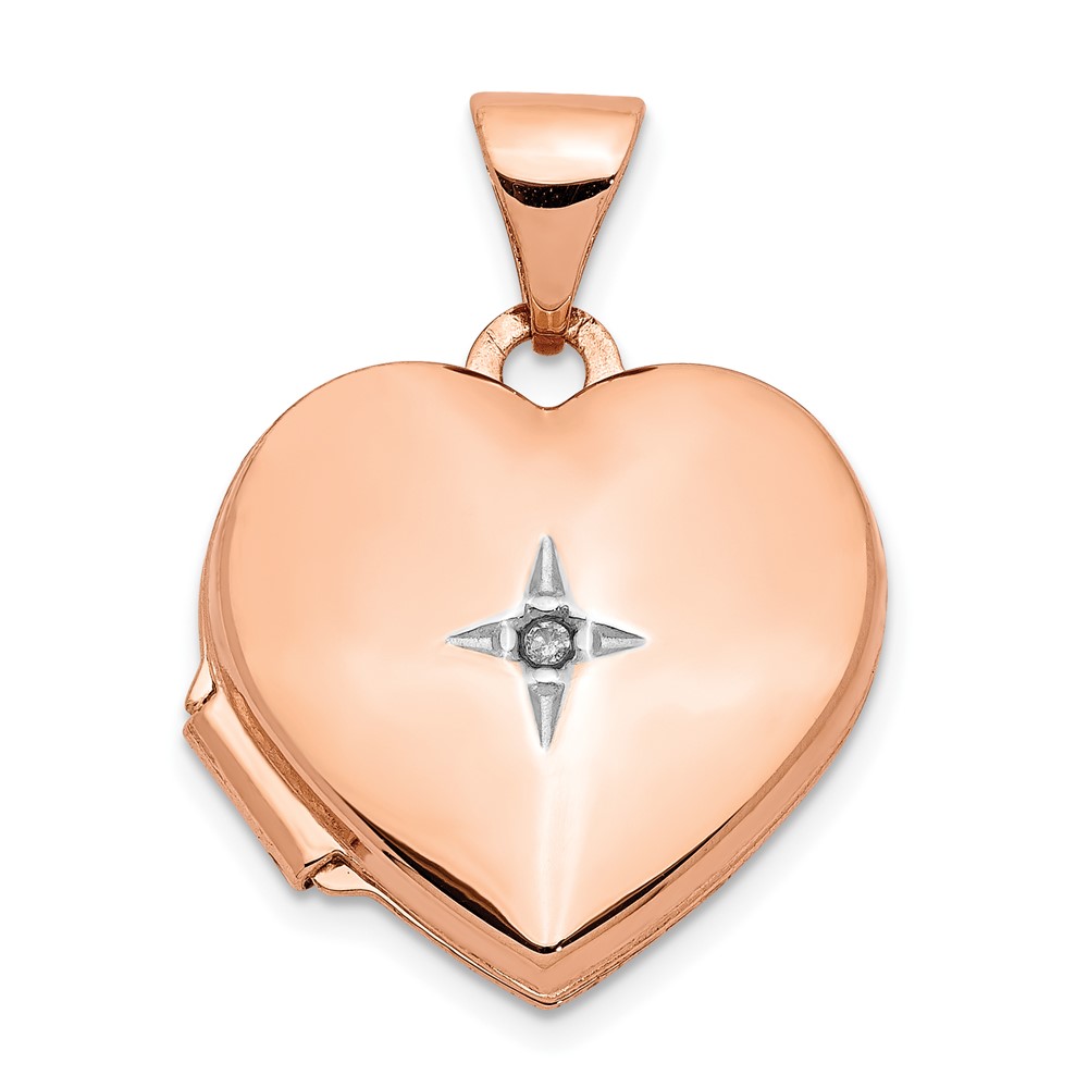 15mm Diamond Star Design Heart Shaped Locket in 14k Rose Gold