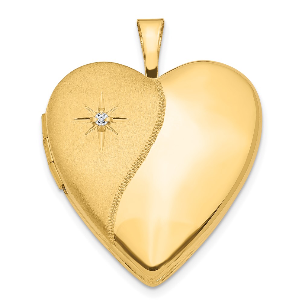 20mm Satin and Polished Diamond Heart Locket in 14k Yellow Gold