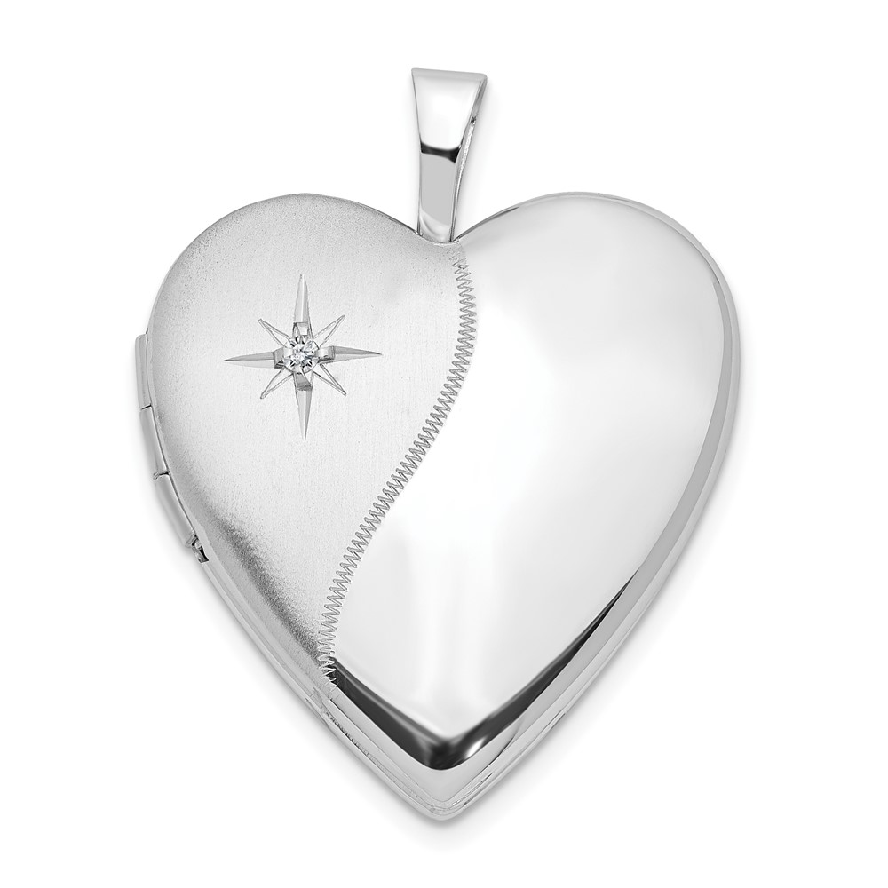 20mm Satin and Polished Diamond Heart Locket in 14k White Gold