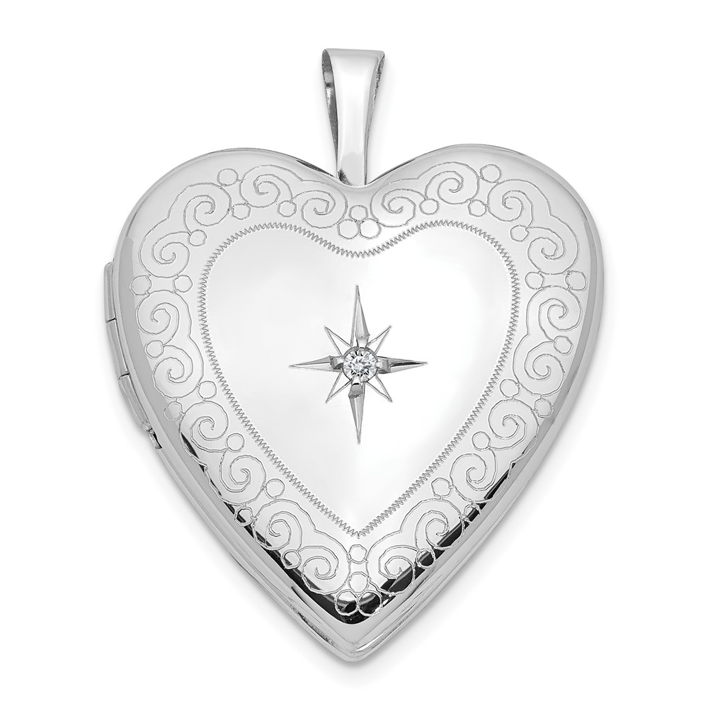 20mm Textured Swirl and Diamond Heart Locket in 14k White Gold