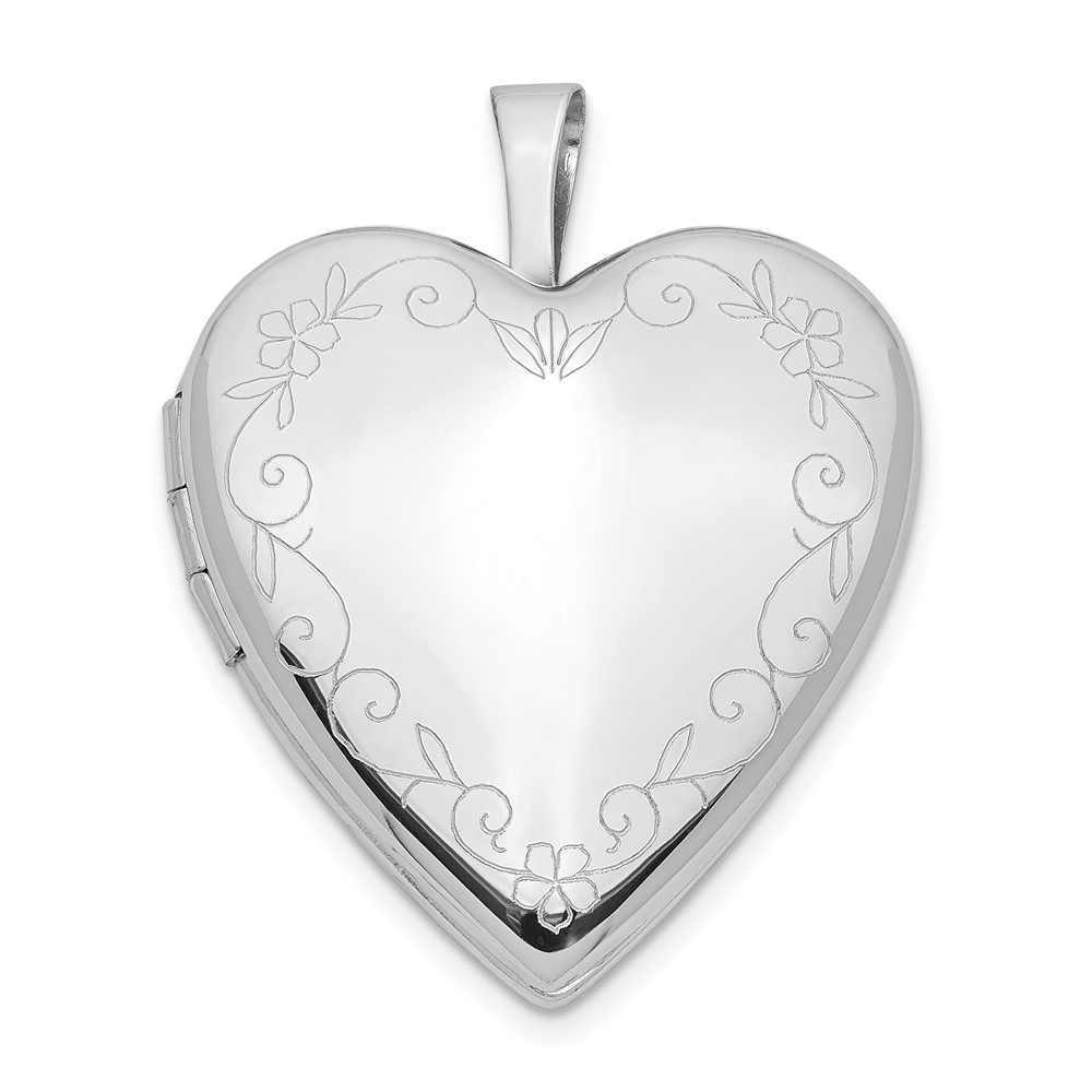 14k White Gold Heart with Flower Vine Border Locket, 20mm