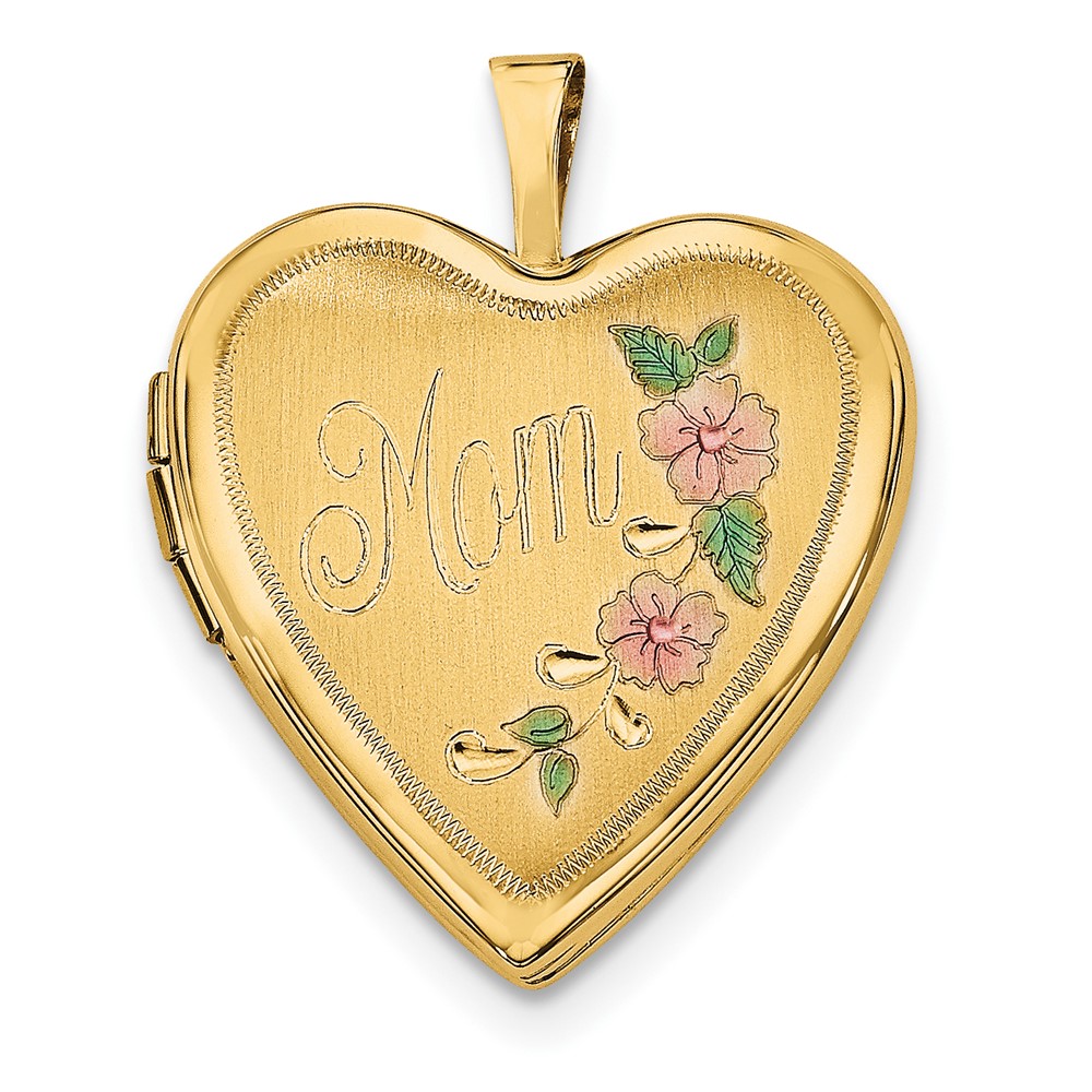 14k Yellow Gold and Enamel Mom Floral Heart Locket, 20mm