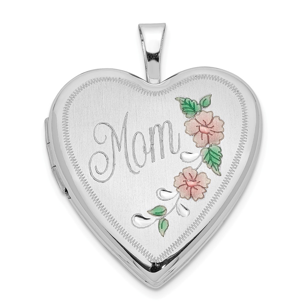 14k White Gold and Enamel 20mm Mom Floral Heart Locket