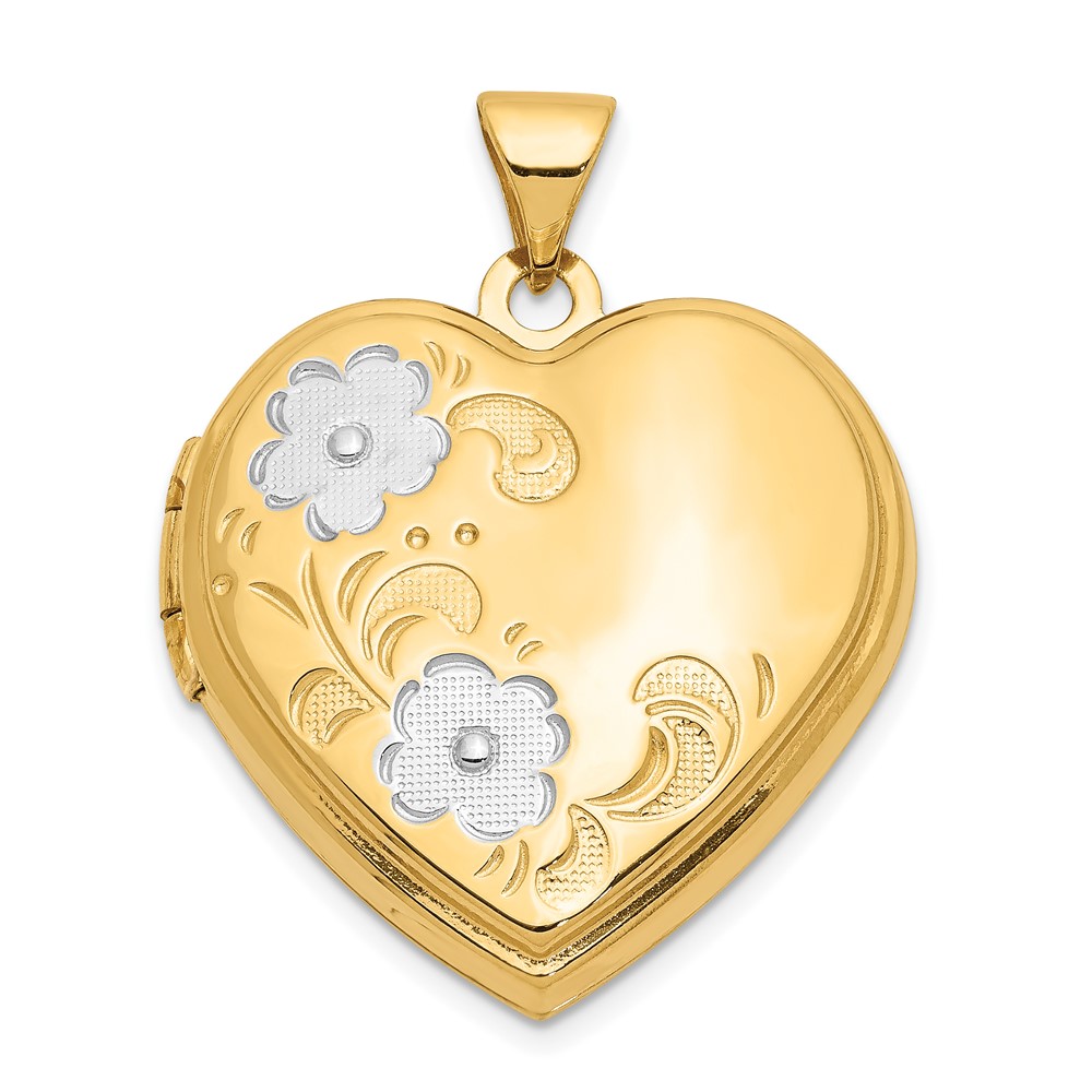 14k Yellow Gold &amp; White Rhodium 21mm Floral Heart Locket Pendant