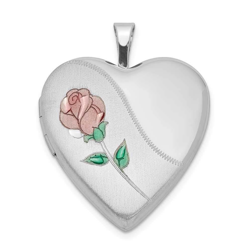 Sterling Silver and Enameled Rose Heart Locket, 20mm