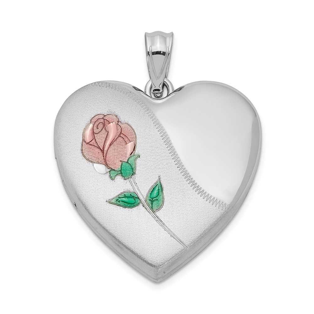 Sterling Silver and Enameled Rose Heart Locket, 24mm