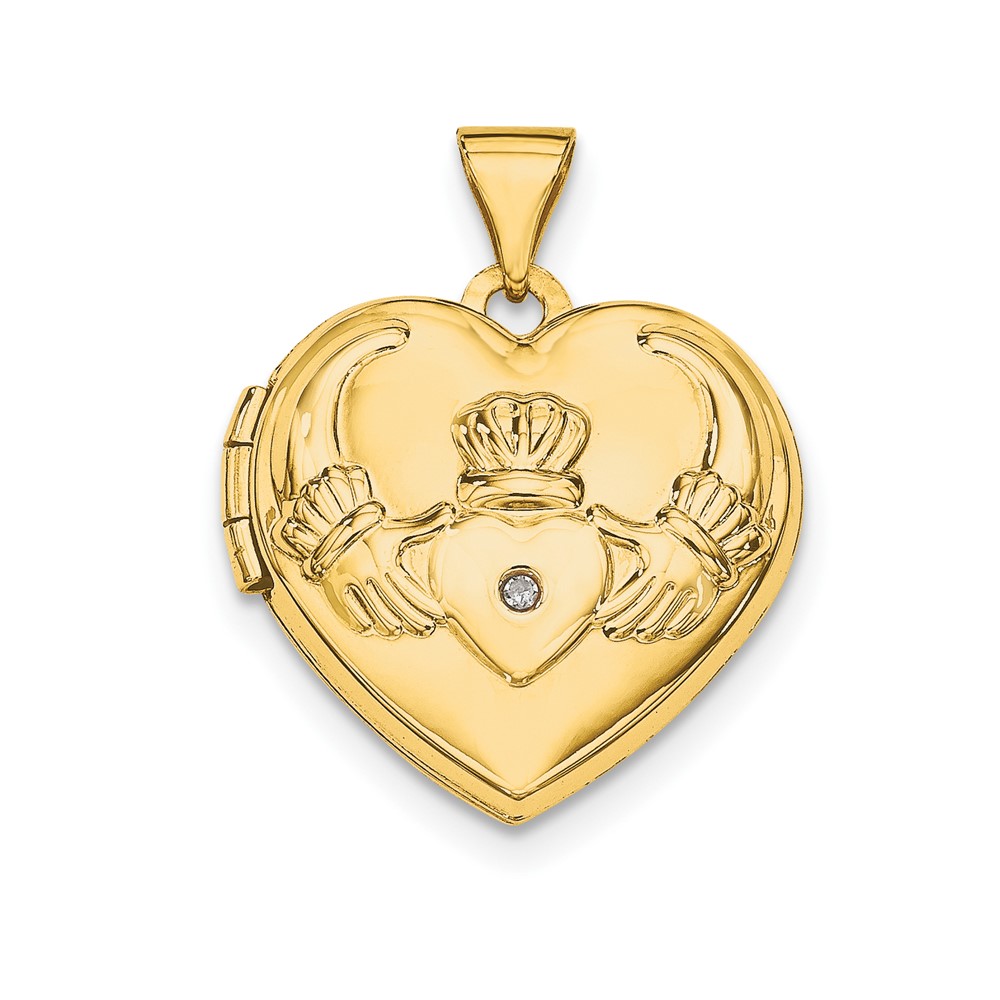 15mm Heart Shaped Diamond Claddagh Locket in 14k Yellow Gold