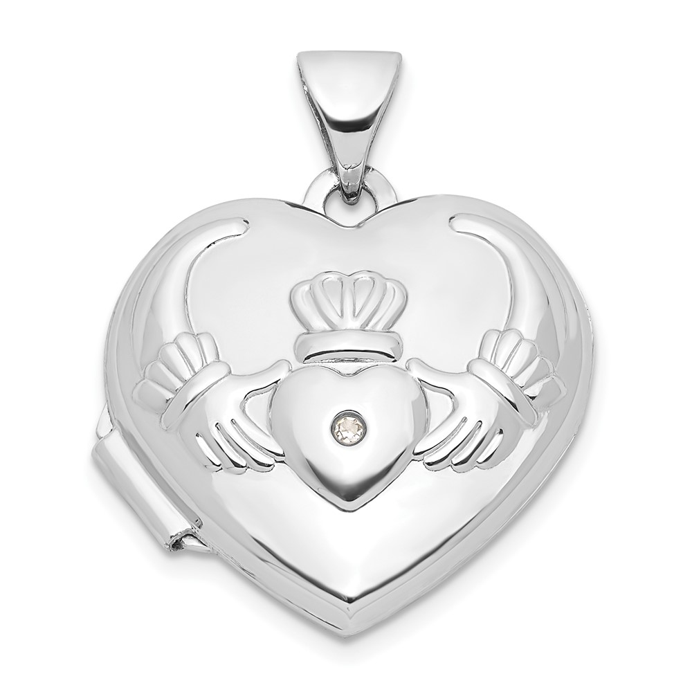 15mm Heart Shaped Diamond Claddagh Locket in 14k White Gold