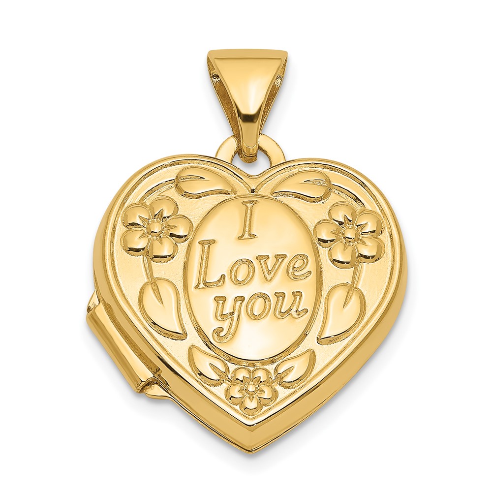 14k Yellow Gold 15mm I Love You Floral Heart Locket