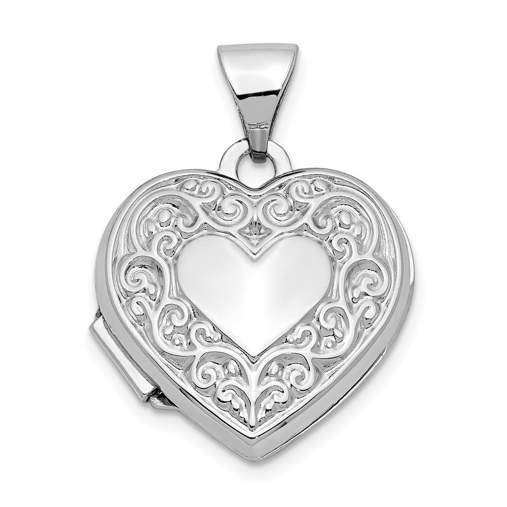 14k White Gold 15mm Scroll Heart Locket