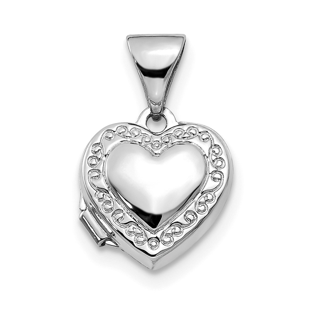 14k White Gold 10mm Scroll Heart Locket