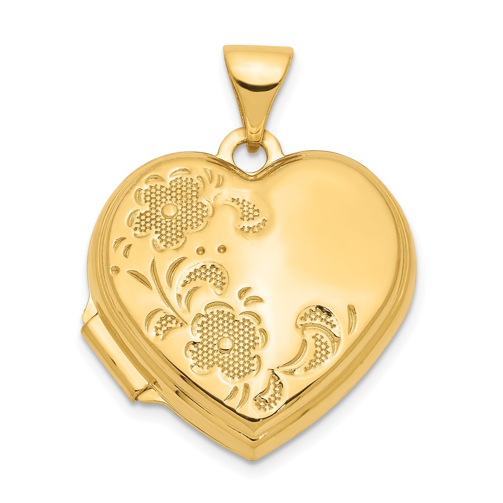 14k Yellow Gold 18mm Textured Floral Heart Shaped Locket