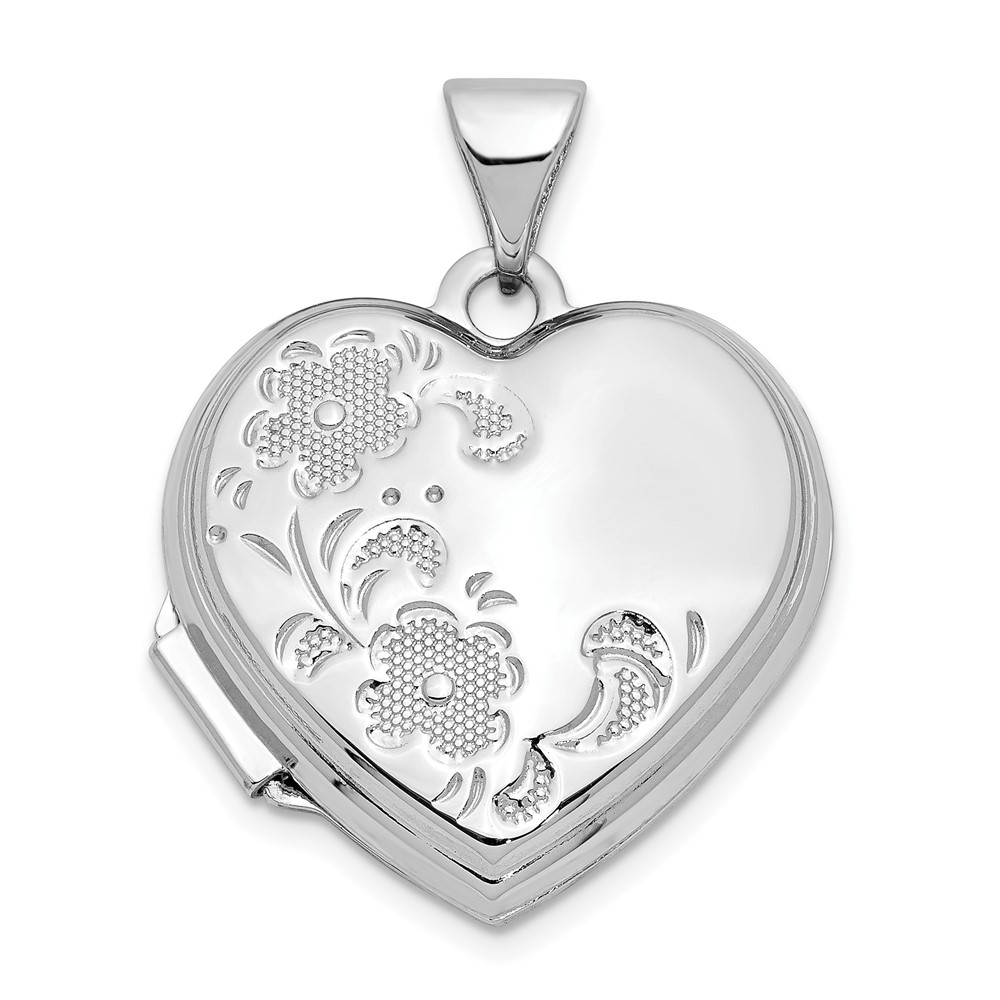 14k White Gold 18mm Textured Floral Heart Shaped Locket