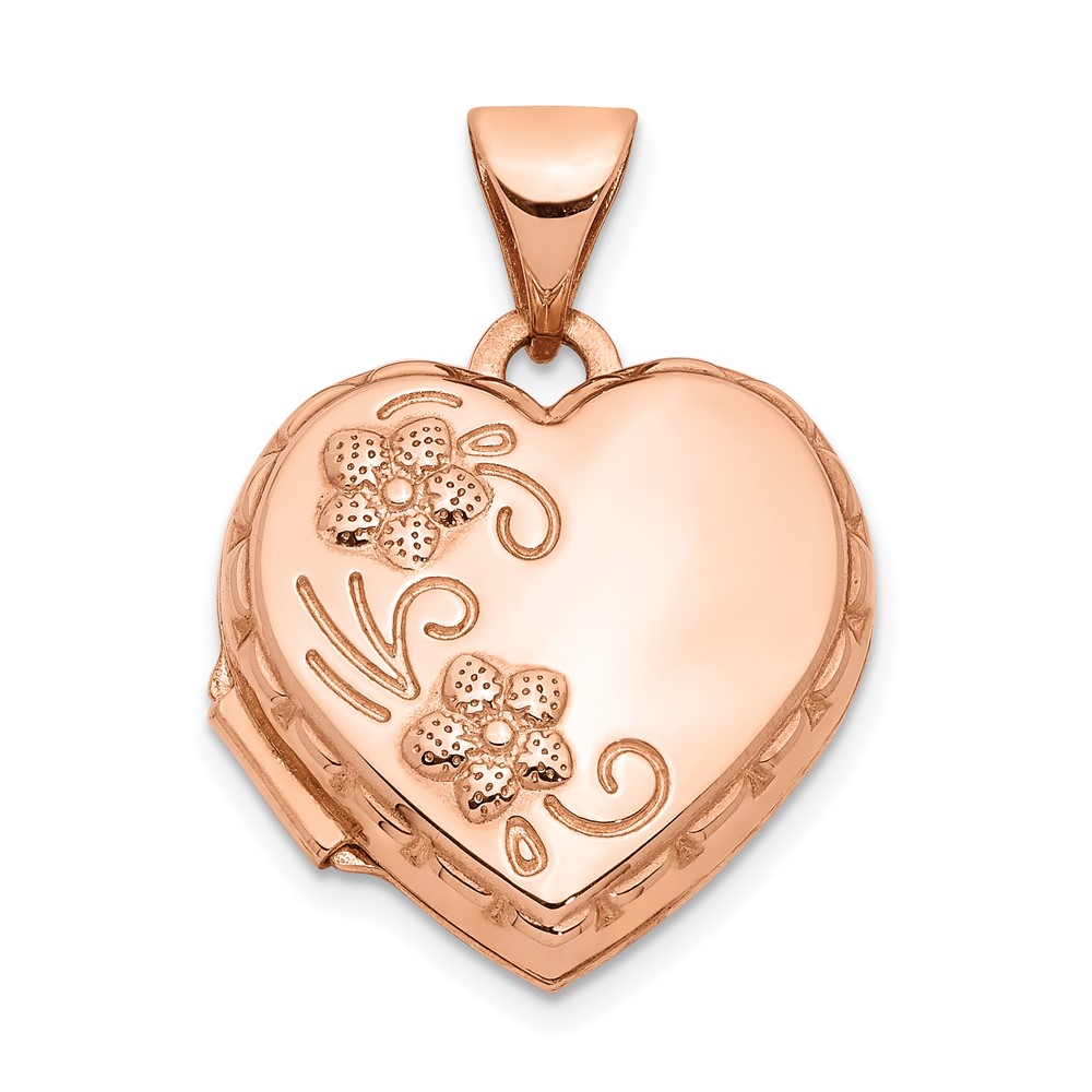 14k Rose Gold 15mm Domed Heart Shaped Floral Locket