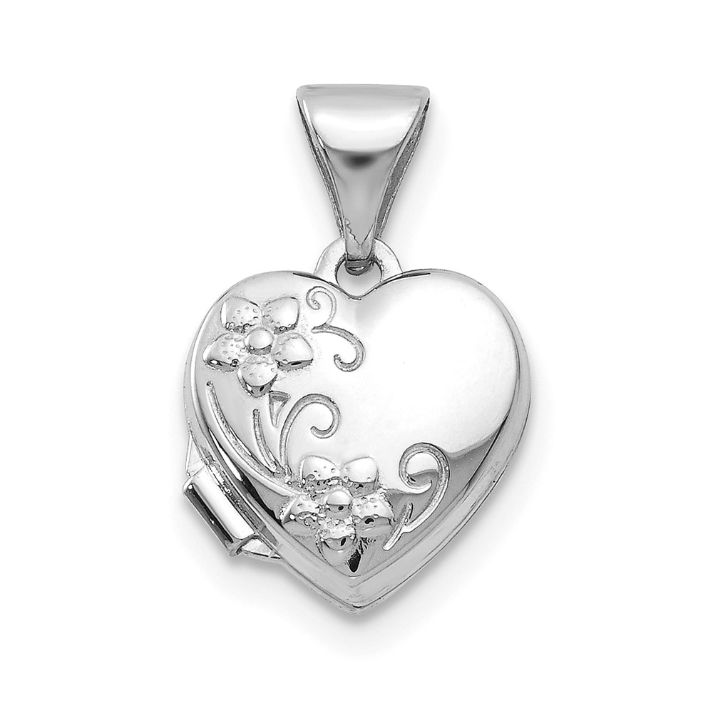 14k White Gold 10mm Textured Floral Heart Locket