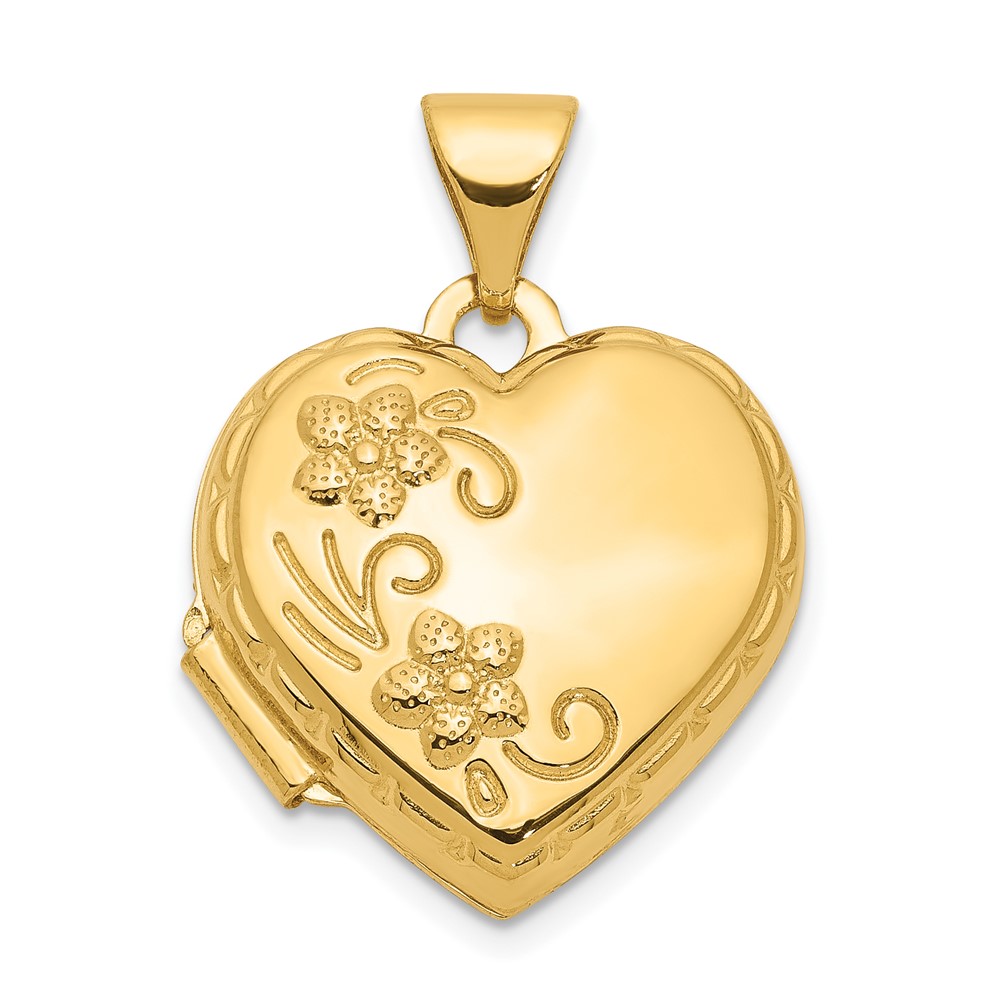 14k Yellow Gold 15mm Love You Always Reversible Floral Heart Locket