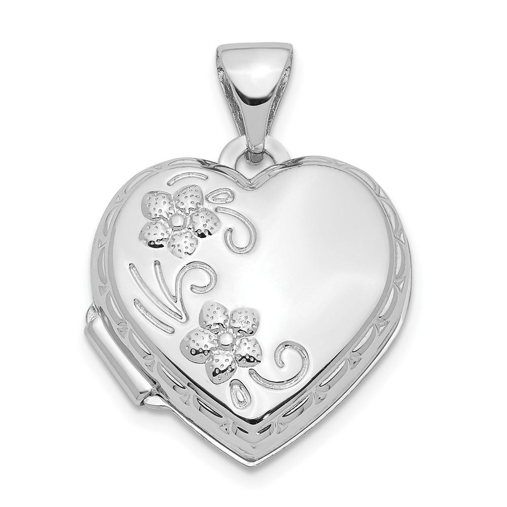 14k White Gold 15mm Love You Always Reversible Floral Heart Locket