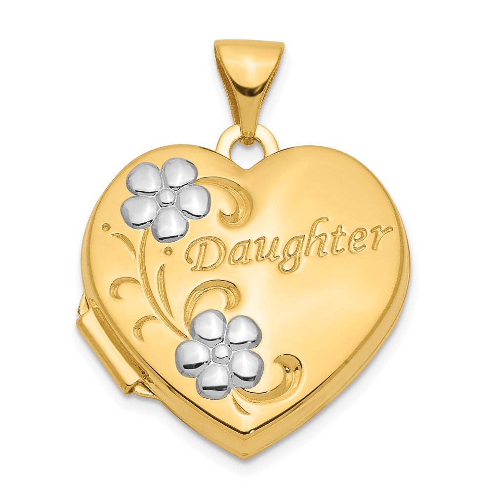 14k Yellow Gold &amp; White Rhodium 18mm Daughter Heart Locket Pendant