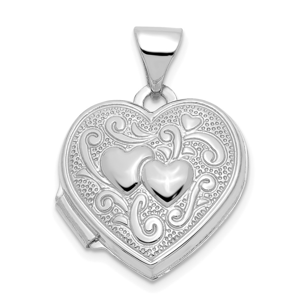 14k White Gold 15mm Double Design Heart Shaped Locket