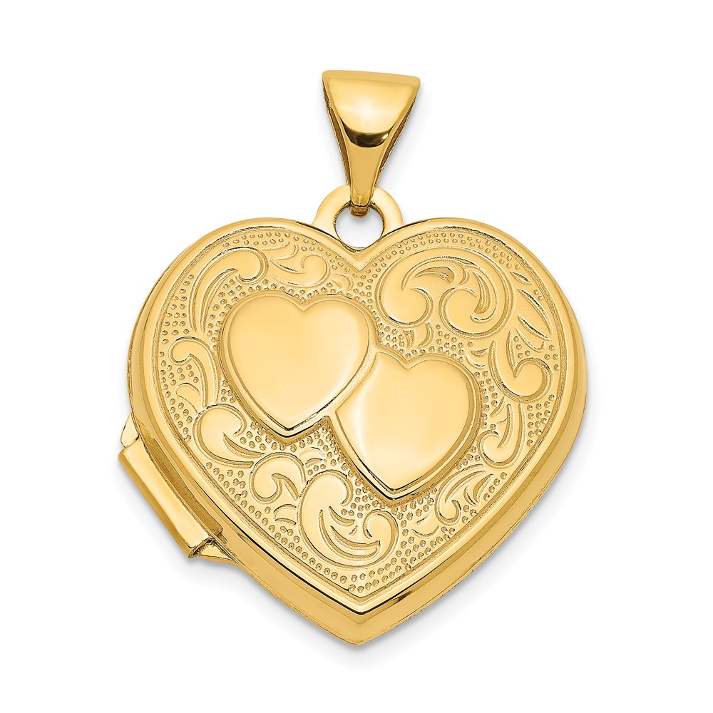 14k Yellow Gold 18mm Double Design Heart Shaped Locket