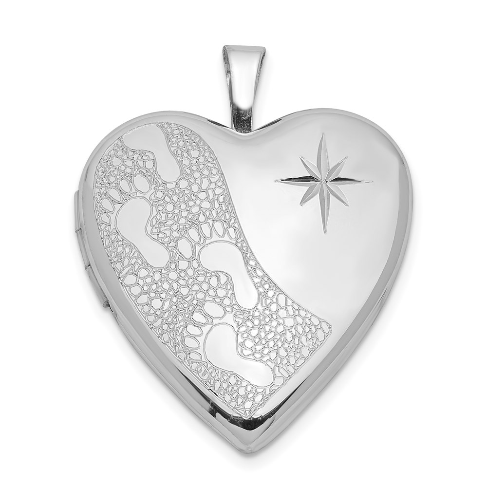 Sterling Silver 20mm Footprints and Diamond Cut Star Heart Locket