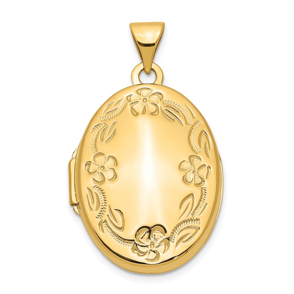 14k Yellow Gold 21mm Hand Engraved Floral Oval Locket