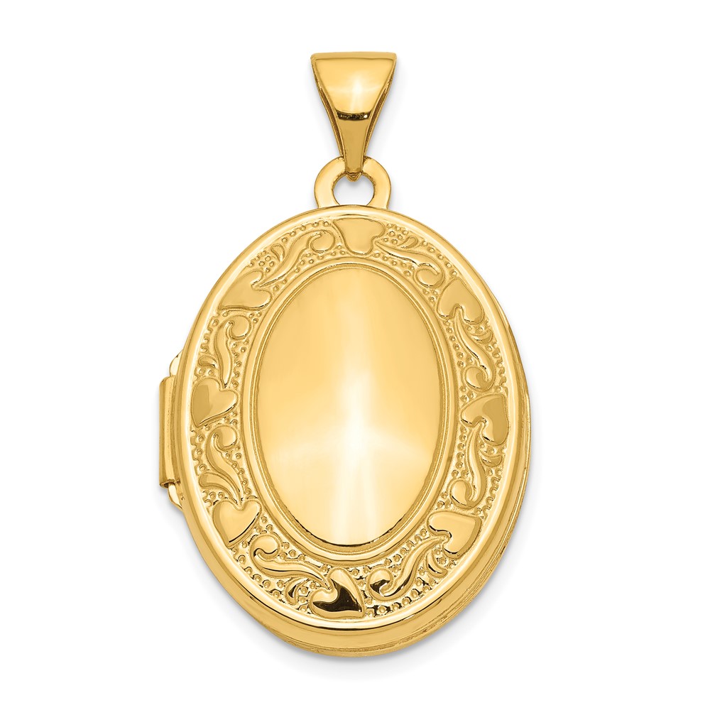 14k Yellow Gold 21mm Scroll and Hearts Border Oval Locket