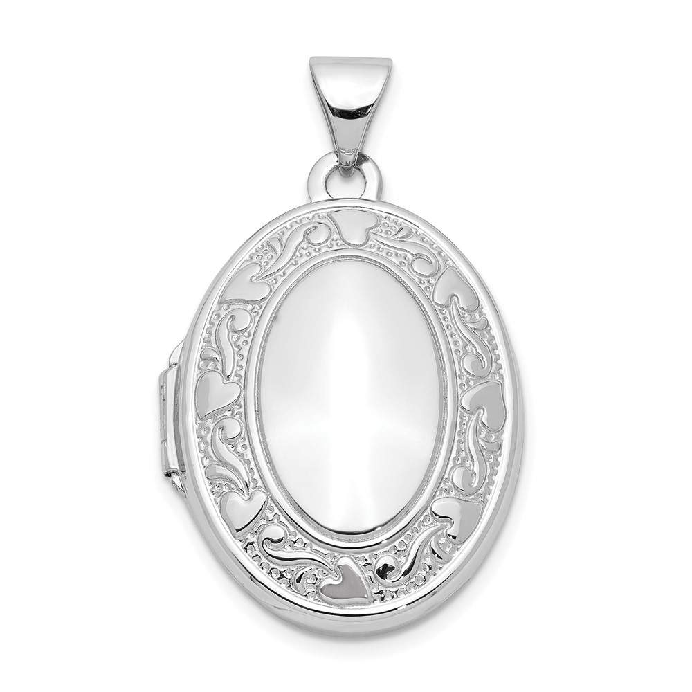 14k White Gold 21mm Scroll and Hearts Border Oval Locket