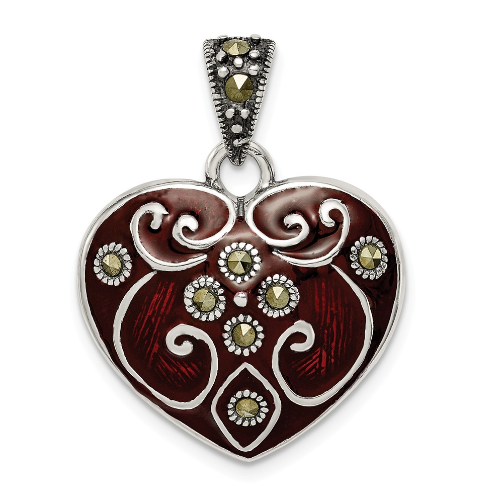 Sterling Silver, Red Enamel and Marcasite Heart Pendant, 21mm