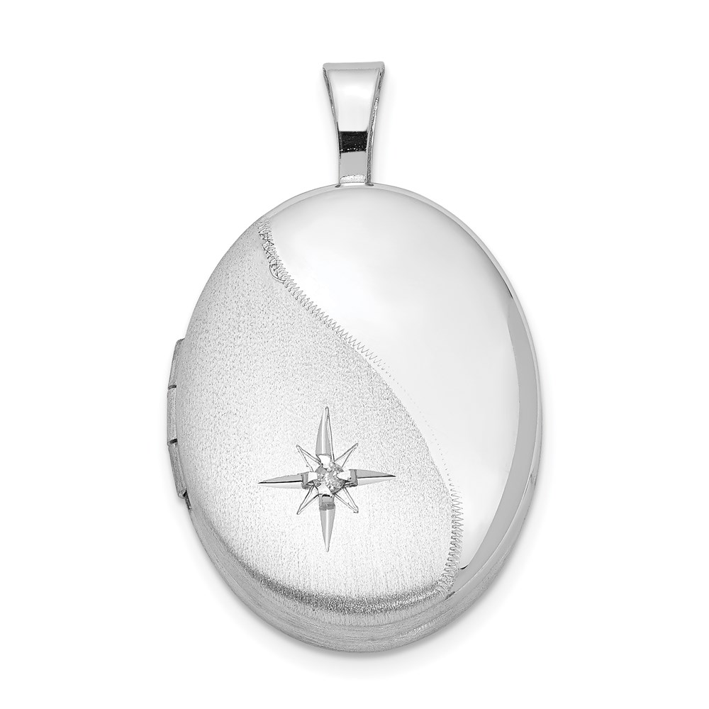 19mm Satin and Polished Diamond Oval Locket in Sterling Silver