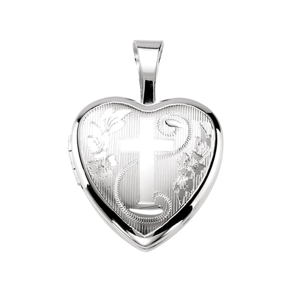 Sterling Silver 12mm Floral Cross Heart Locket