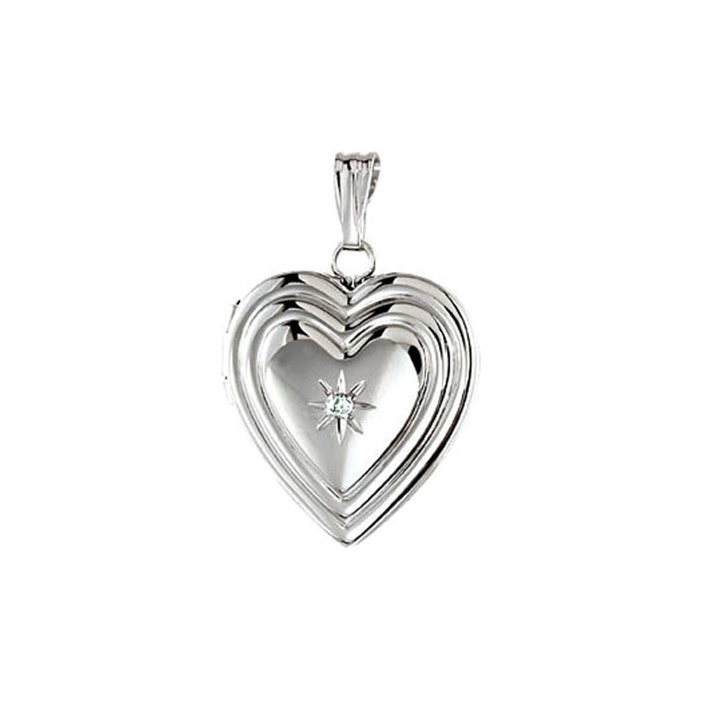 15mm Grooved and Diamond Accent Heart Locket in Sterling Silver