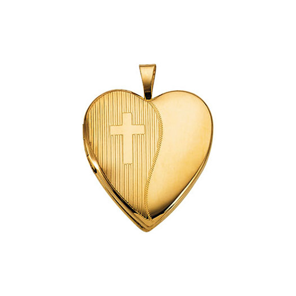 14k Yellow Gold 20mm Side Cross Divided Heart Locket