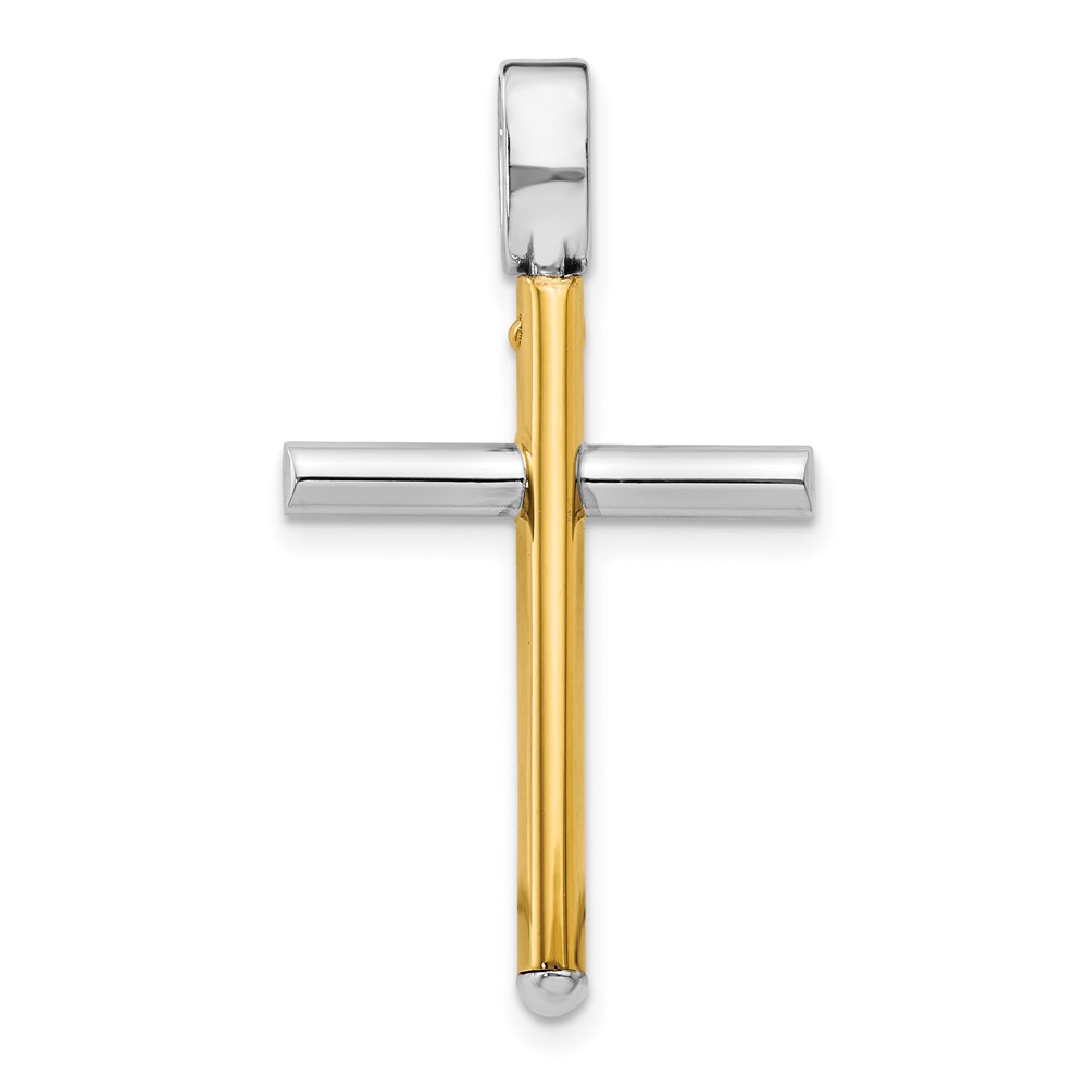 14k Two Tone Gold, Polished Hollow Cross Pendant, 18 x 32mm