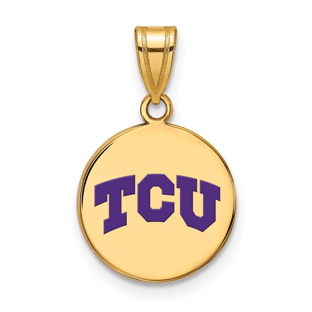14k Gold Plated Silver Texas Christian U. Med Enamel Disc Pendant