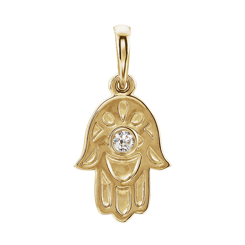 14k Yellow Gold and 0.03 CT Diamond Hamsa Pendant, 9mm