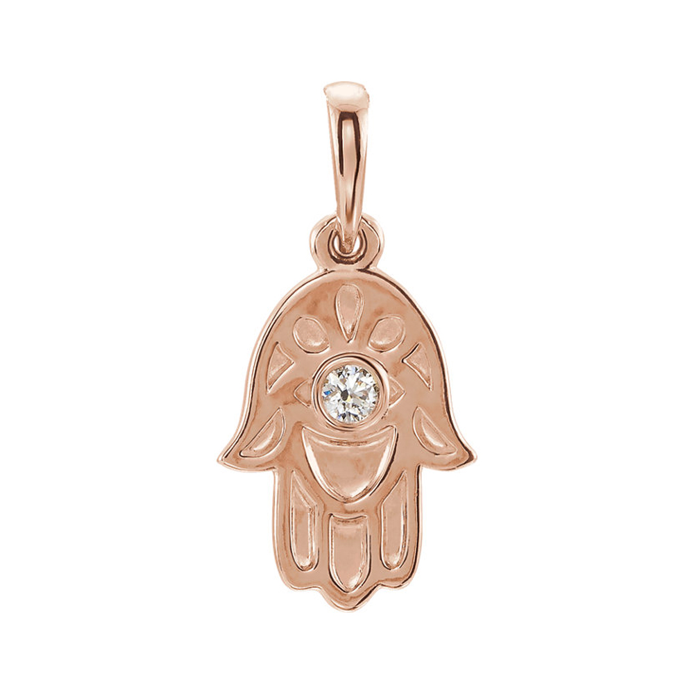 14k Rose Gold and 0.03 CT Diamond Hamsa Pendant, 9mm
