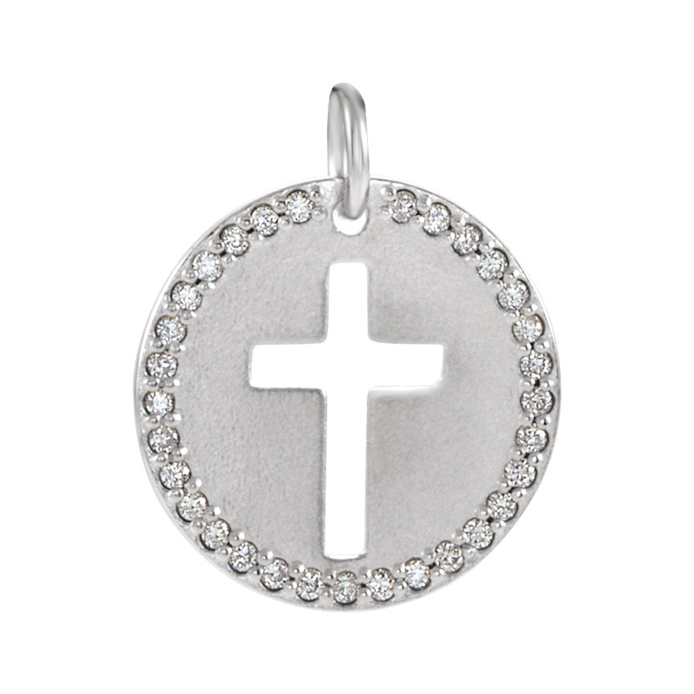 14k White Gold and 0.08 Ctw Diamond Disc Cross Charm or Pendant, 12mm
