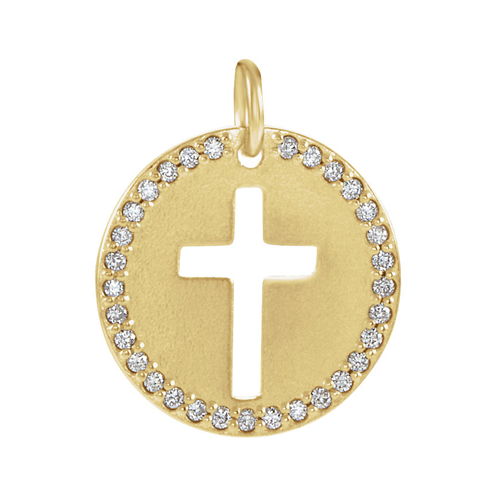 14k Yellow Gold and 0.08 Ctw Diamond Disc Cross Charm or Pendant, 12mm