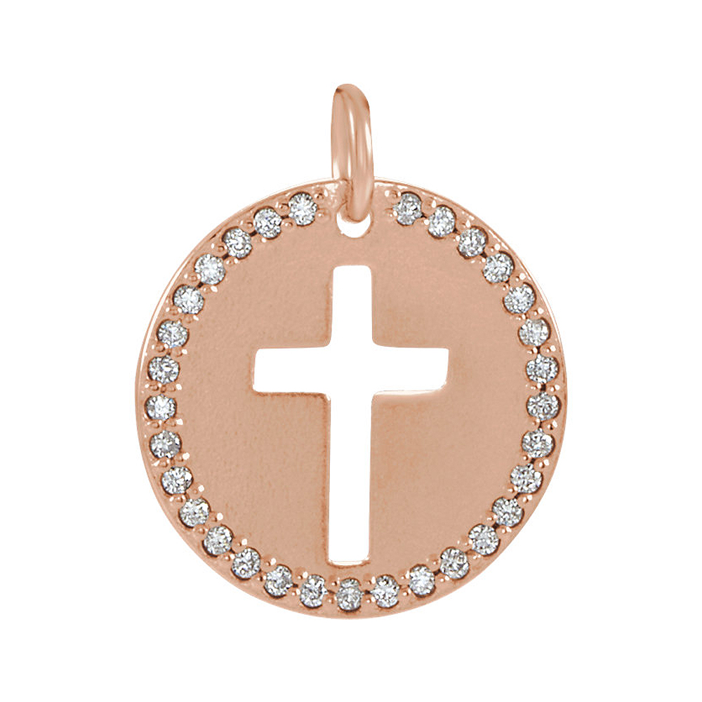 14k Rose Gold and 0.08 Ctw Diamond Disc Cross Charm or Pendant, 12mm