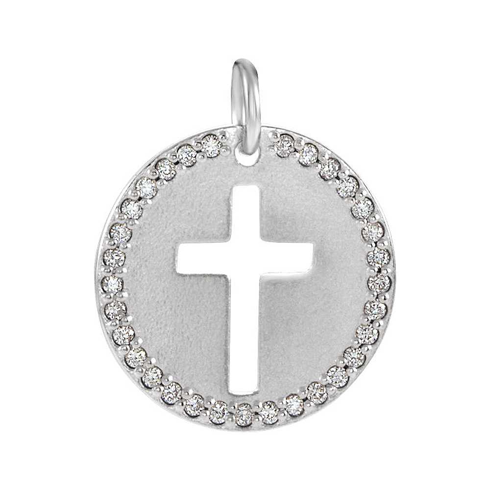 Sterling Silver and 0.08 Ctw Diamond Disc Cross Charm or Pendant, 12mm