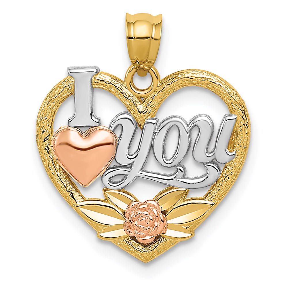 14k Two Tone Gold & Rhodium I Love You Heart Pendant, 17mm