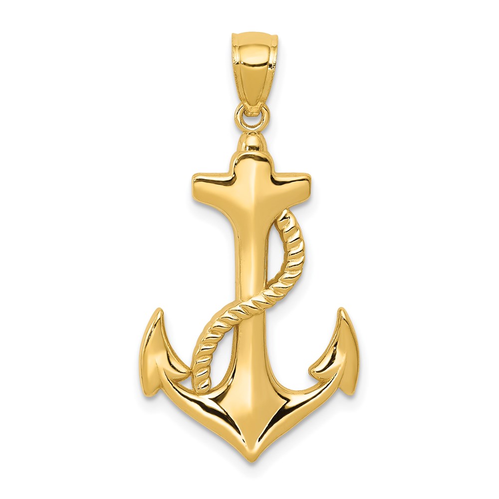 14k Yellow Gold Polished Anchor with Rope Pendant, 17 x 32mm