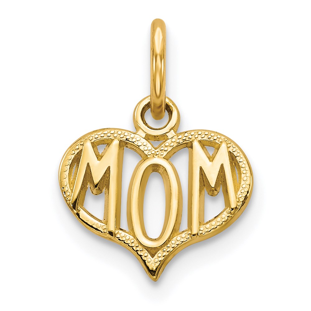 14k Yellow Gold Polished Mom Heart Charm or Pendant, 10mm