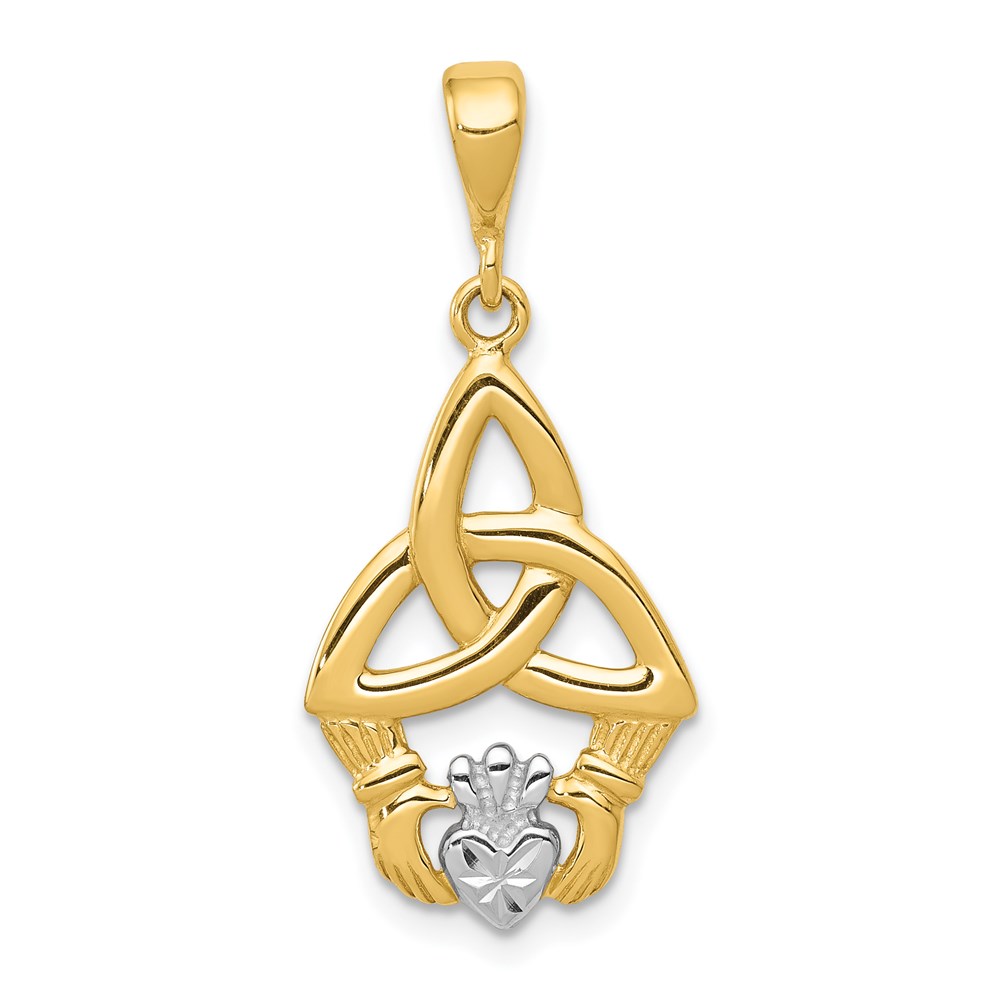 14k Yellow Gold and Rhodium Diamond Cut Claddagh Pendant, 12mm
