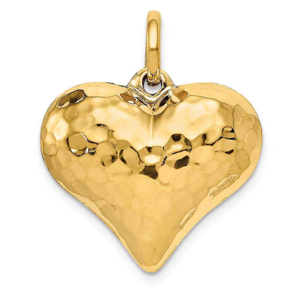 14k Yellow Gold Hollow Hammered Puffed Heart Charm or Pendant, 22mm