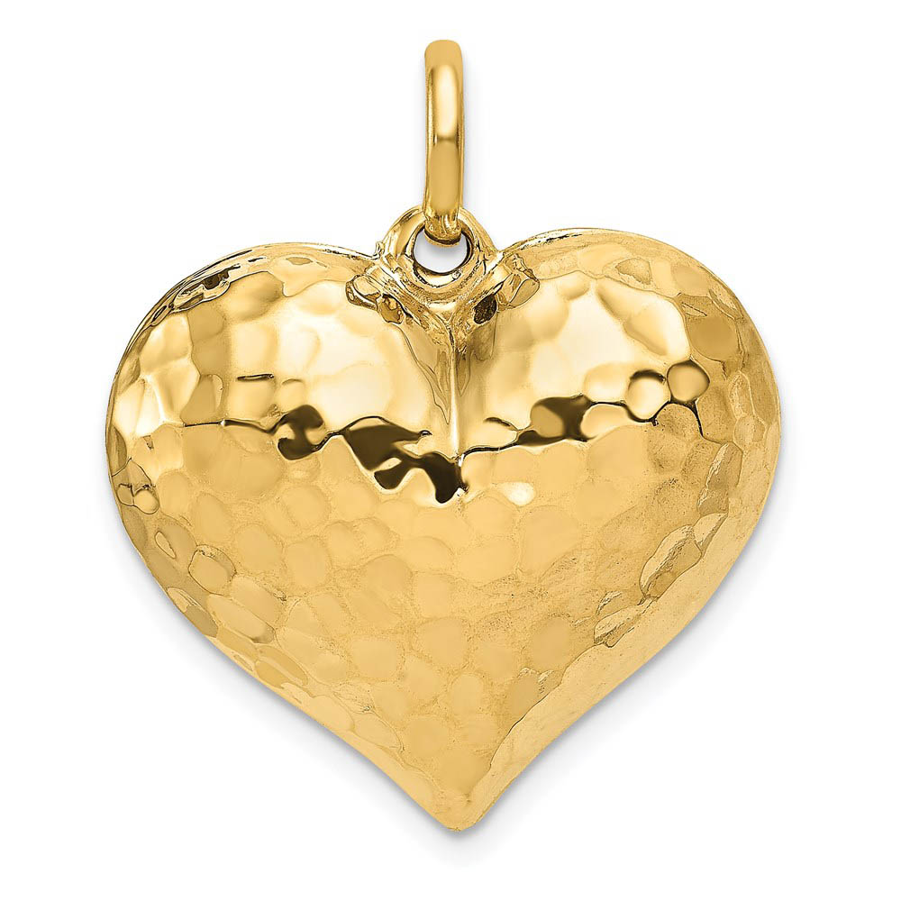 14k Yellow Gold Hollow Hammered Puffed Heart Pendant, 25mm