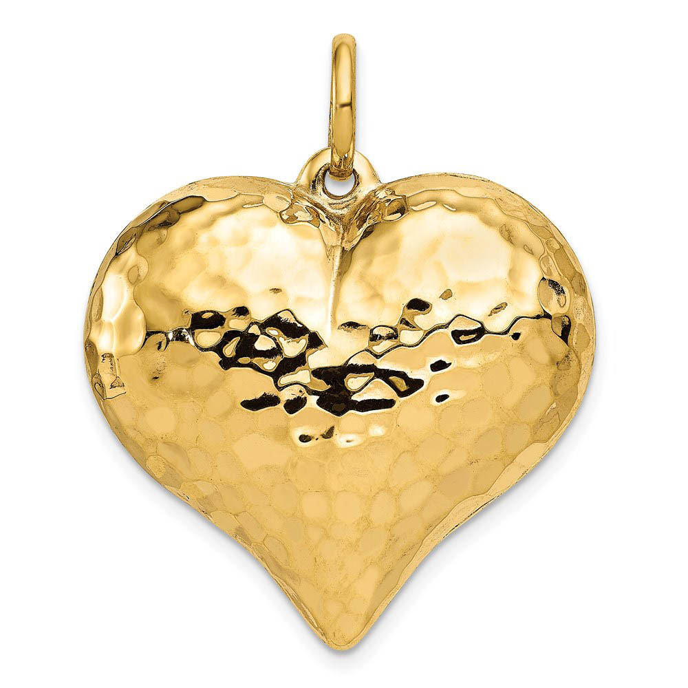 14k Yellow Gold Hollow Hammered Puffed Heart Pendant, 28mm